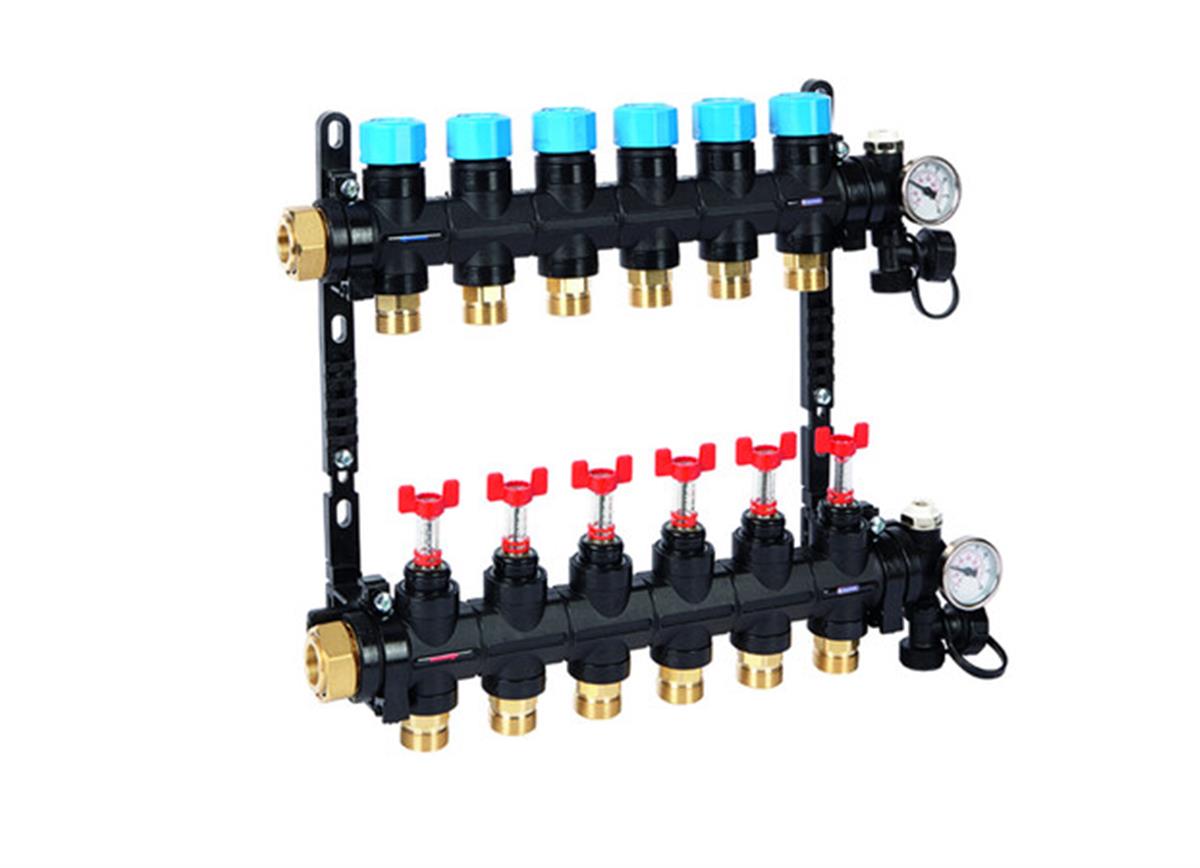 Henco composiet verdeler 2 uitgangen (LB11/22) + debietm. 0-3L, th. vul-aftapkr., ontl. 1